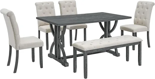 Miniatura 8 de LUMISOL Juego de mesa de comedor de 6 piezas con banco, mesa de cocina de granja con 4 sillas tapizadas copetudas y banco, juego de mesa de comedor
