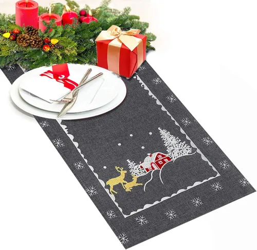 Miniatura 6 de Mantel pequeño con diseño de reno bordado para fiestas de Navidad