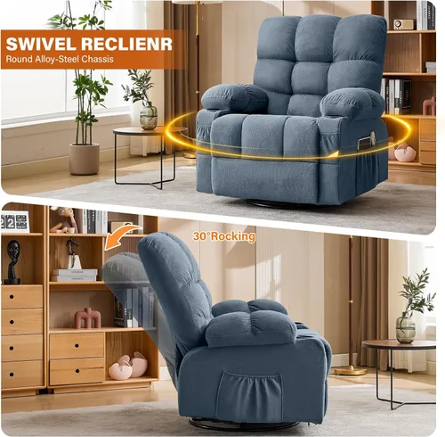 Miniatura 3 de Silla reclinable giratoria para adultos, reclinable de gran tamaño con masaje por vibración y calor lumbar, mecedora ergonómica con bolsillo