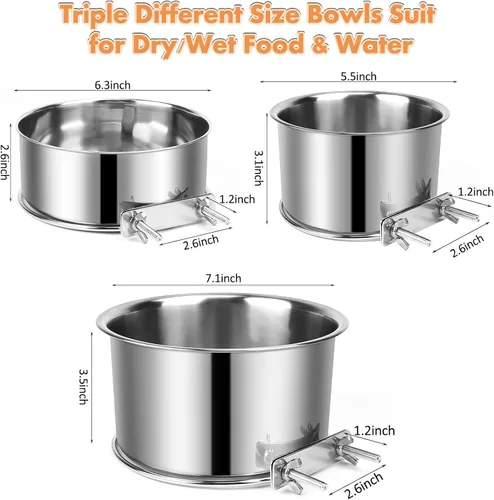 Miniatura 2 de Cuenco de agua para jaula de perro, 3 pzas cuencos de acero inoxidable para perros, cuenco de metal duradero antiderrames para mascotas para jaula