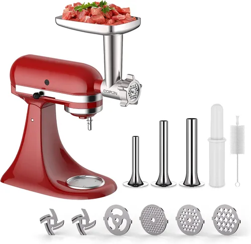 Miniatura 2 de COFUN Picadora de carne para batidora KitchenAid, molinillo de alimentos de metal con 4 placas de molienda, 3 tubos de relleno de salchichas, 2