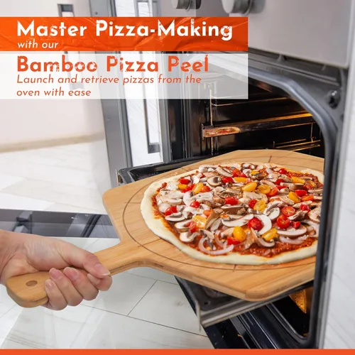 Miniatura 3 de Pizarra de madera de 12 pulgadas con tamaños grabados, tabla de cortar de pizza de bambú multiusos, cáscara de pizza de madera, espátula de pizza