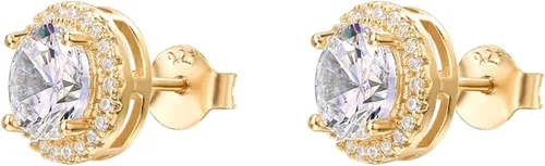 Miniatura 3 de PAVOI 14K Gold Plated Sterling Silver Post Brilliant Round Faux Diamond Halo Earrings - Premium Cubic Zirconia in Rose Gold, White Gold and Yellow
