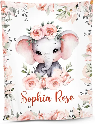 Miniatura 9 de NAZENTI Manta de bebé de elefante personalizada, manta de bebé niña personalizada con nombre y floral, regalo para niñas y niños, recién nacidos