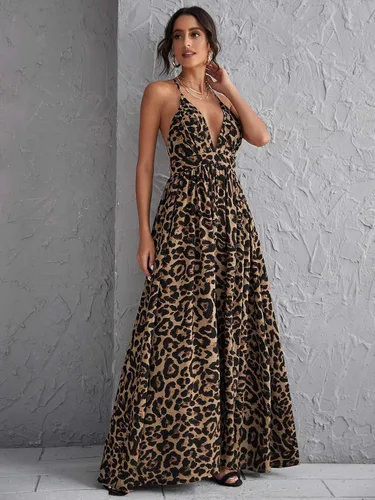 Miniatura 3 de Floerns Vestido largo de playa con cuello en V profundo y espalda cruzada de leopardo para mujer