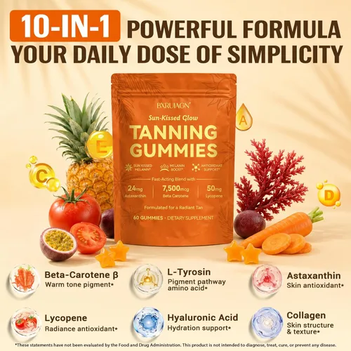 Miniatura 2 de Gomitas bronceadoras, suplemento de bronceado sin sol para mujeres y hombres, con beta-astaxantina, caroteno, licopeno, colágeno y vitaminas