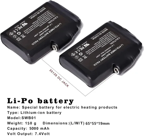Miniatura 2 de Batería recargable para ropa calentada, batería de polímero de litio de 7.4 V 5000 mAh de repuesto para guantes calefactados, manoplas, calcetines