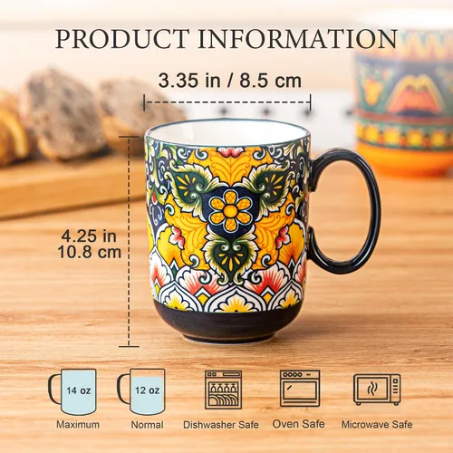 Miniatura 2 de Henten Home Juego de tazas de café de porcelana de 6 piezas, taza de café de 14 onzas colorida con mango, taza de cerámica boho para chocolate