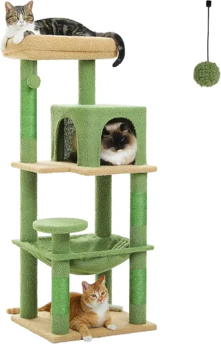 Miniatura 18 de PETEPELA Árbol de Madera para Gatos de Interior Torre de Múltiples Niveles con Postes Rascadores Cubiertos de Sisal, Condominio Acogedor, Hamaca