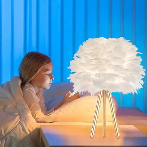 Miniatura 4 de ZYLEIESENBAO - Lámpara de pluma blanca con textura de piel de mesa H16'' Moderna lámpara de escritorio de princesa con trípode, luz esponjosa