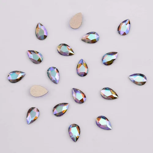 Miniatura 5 de 100 piezas de diamantes de imitación de cristal iridiscente púrpura iridiscente AB pera 3D laminados para uñas, dijes de decoración de 3 tamaños