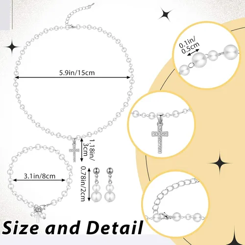 Miniatura 4 de Juego de 5 accesorios para la primera comunión para niñas, incluye lazo y dije colgante con velo en peine para el cabello, bolso de flores de satén