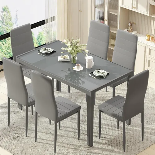 Miniatura 3 de Recaceik Juego de mesa de comedor de 7 piezas para 6, mesa de cocina de vidrio templado y sillas de cuero PU, juego de mesa de comedor moderno