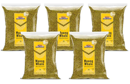 Rani Moong entero (ideal para cocinar y germinar, frijoles enteros con piel) Lentejas indias de 8 libras (128 onzas), paquete de 5 (total 40 libras)