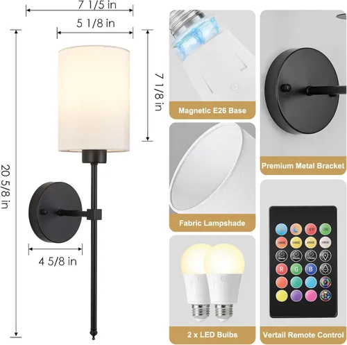 Miniatura 7 de Juego de Dos Apliques de Pared a Batería, Luz de Pared Inalámbrica Recargable con Control Remoto, Regulable, Luz Ámbar/Blanco Cálido/Blanco Negro