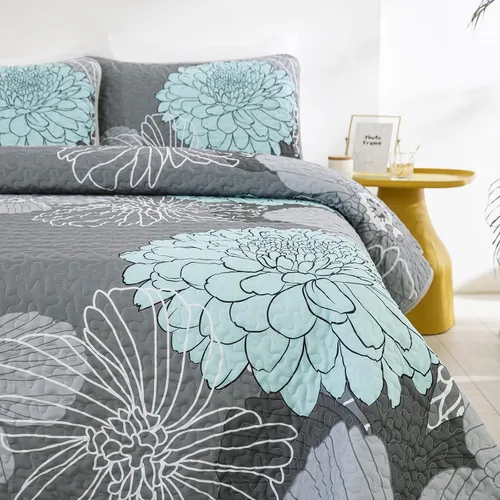 Miniatura 4 de Anibedding Juego de edredón con estampado floral verde, tamaño King, colcha de 3 piezas, elegante colcha de flores bohemias con 2 fundas de Gris