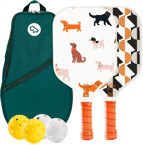 Miniatura 13 de Juego de 2 palas de pickleball Goat, incluye 4 bolas para interiores y exteriores y bolsa de viaje, juego de raquetas de pickleball de fibra de Verde