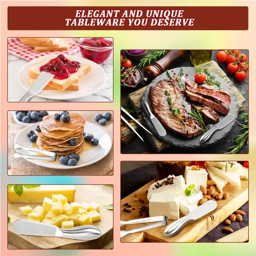 Miniatura 6 de Juego de cuchillos esparcidores de mantequilla, 8 cuchillos de acero inoxidable para esparcir mantequilla de queso y mini pinzas para servir queso