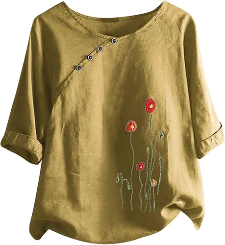 Miniatura 4 de Ceboyel Women Summer Cotton Linen Shirts Floral Print Tops Short Sleeve Casual Blouses Boho Loose Fit Ladies Clothes 2023