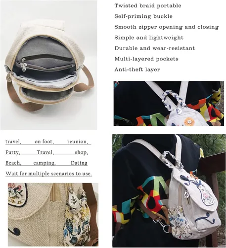 Miniatura 120 de HUANGGUOSHU Mochila de algodón tejida de algodón bohemio con bordado de lona estilo bohemio con múltiples bolsillos retro linda mochila cartera