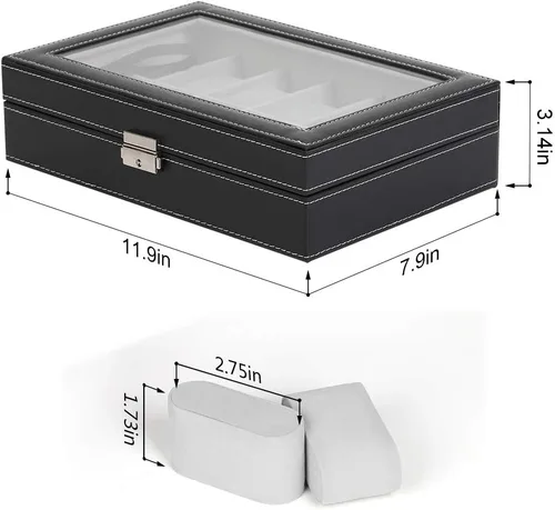Miniatura 2 de LIANTRAL Caja de reloj para hombre regalo de San Valentín para él 12 ranuras de cuero organizador de reloj parte superior de cristal negro