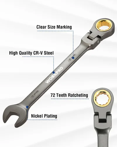Miniatura 2 de WORKPRO Llave de combinación de trinquete de cabeza flexible de 18 mm, construida en Cr-V, niquelada, 72 dientes, diseño de 12 puntas, métrica