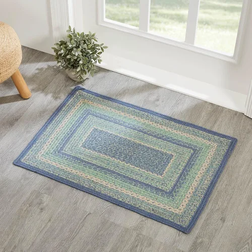 Miniatura 10 de VHC Brands Jolie Farmhouse - Alfombra decorativa de 19.5 x 36 pulgadas, textura azul de yute a rayas, medio círculo, decoración para el suelo