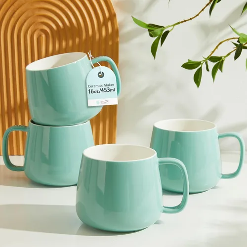 Miniatura 8 de Teocera Juego de 4 tazas de café de cerámica de 16 onzas, apilables, aptas para microondas, lavavajillas y horno, ideales para café, capuchino, Azul