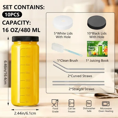 Miniatura 2 de Ruckae Paquete de 10 botellas de jugo de 16 onzas, botellas de vidrio con tapas, tapas de taza de batido y pajitas, botella de agua, vasos