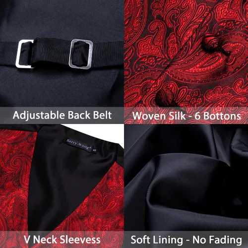 Miniatura 53 de Barry.Wang Conjunto de chaleco de pajarita para hombre, chaleco con cuello en V de seda jacquard de cachemira, gemelos de pañuelo formal/ocio, boda