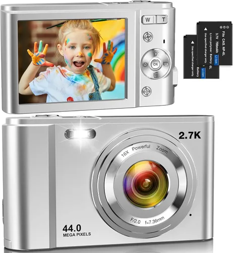 Cámara Digital para Niños, FHD 44MP Cámara Digital Compacta con 2 Baterías, Zoom 16X, Anti-vibración, Flash, Cámaras Compactas Pequeñas Portátiles