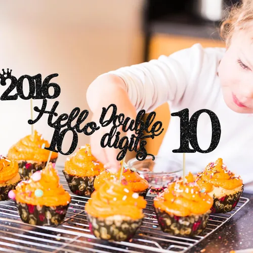 Miniatura 5 de Gyufise Paquete de 24 adornos negros para cupcakes de 10.º cumpleaños con purpurina negra 10 Ten Hello 10 Dights dobles desde 2015 para decoraciones