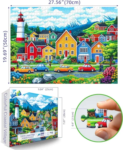 Miniatura 2 de Blueforest Rompecabezas de 1000 piezas para adultos y personas mayores, rompecabezas colorido de faro de pueblo costero, rompecabezas de 27.5 x 19.7