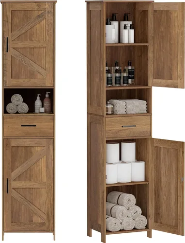 Miniatura 11 de HOMHEDY - Armario alto de 67 pulgadas con 2 puertas tipo granero, 1 cajón, estantes ajustables, unidad estrecha para baño, sala de estar, entrada