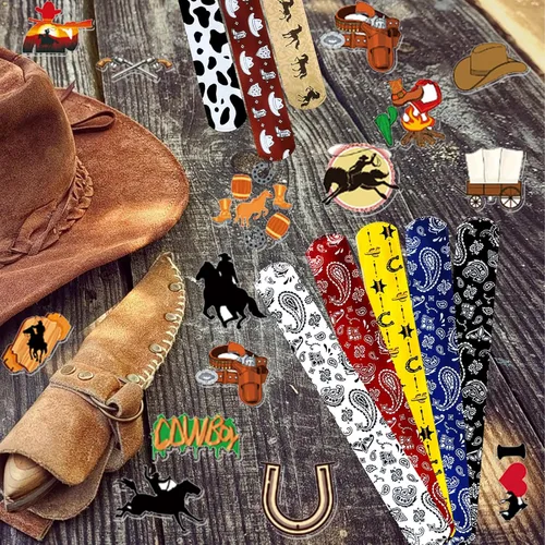 Miniatura 5 de CZWXOXO 74 piezas de recuerdos de fiesta de vaquero occidental, 24 pulseras de vaquero occidental, 50 calcomanías de vaquero occidental