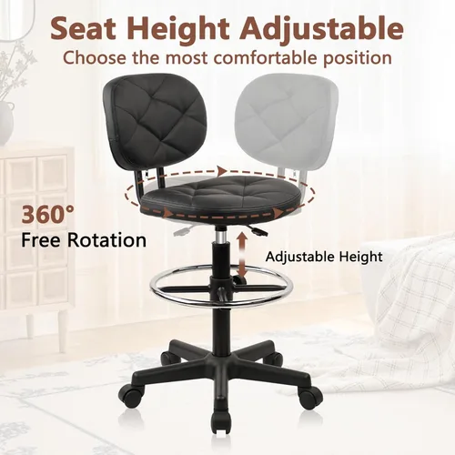 Miniatura 6 de KLASIKA Taburetes rodantes de piel sintética con reposapiés y soporte para la espalda, silla de dibujo tapizada con diamante ajustable con ruedas