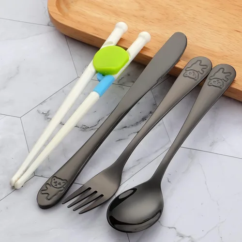 Miniatura 4 de Utensilios de acero inoxidable para niños con palillos de entrenamiento Cubiertos para niños Cuchara + tenedor + cuchillo + palillos 4-12 años
