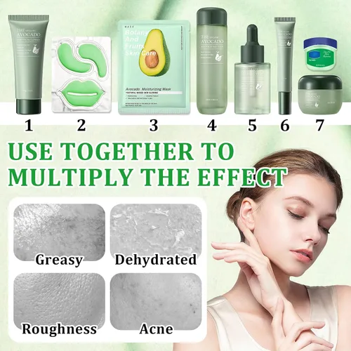 Miniatura 5 de Juego de 10 piezas de cuidado de la piel de aguacate con limpiador facial, tónico, suero facial, crema facial, crema para ojos, bálsamo labial