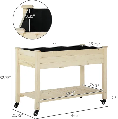 Miniatura 7 de Outsunny Cama de jardín elevada, 47 x 22 x 33 pulgadas, maceta de madera elevada con ruedas bloqueables, estante de almacenamiento y forro de cama