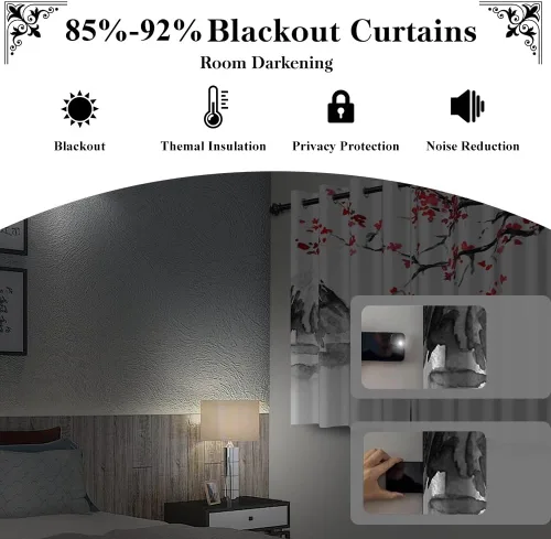 Miniatura 143 de Cortinas japonesas con pintura de tinta, monte Fuji, sol rojo, puesta de sol, hojas de bambú, cortinas de ventana para dormitorio, sala de estar