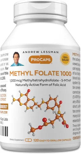 ANDREW LESSMAN Folato de metilo 1000 mg - 120 cápsulas - 1000 mcg de L-metil folato, potentes niveles de vitamina B9 esencial. Apoya la salud del