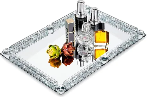 Miniatura 8 de Bandeja de perfume de cristal, bandeja de cristal rellena de diamante triturado, bandejas rectangulares de 11.8" x 7.9" para cosméticos y maquillaje