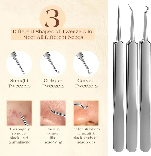 Miniatura 3 de Kit de herramientas de 22 piezas de herramientas de acero inoxidable 410 para eliminar puntos negros, kit de herramientas extractoras de espinillas