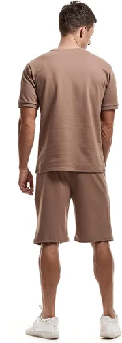 Miniatura 5 de Conjunto de 2 piezas para hombre de verano casual cuello redondo muscular manga corta camisetas y pantalones cortos deportivos de ajuste clásico