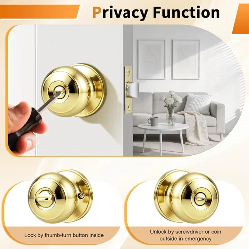 Miniatura 3 de Probrico Home Bed & Bath - Pomo de puerta de privacidad en latón pulido, accesorios interiores de bola plana, cerradura universal sin llave, 1