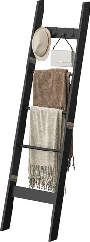 Miniatura 8 de Hzuaneri Escalera para manta para sala de estar, estante decorativo para edredón con 4 ganchos extraíbles, 5 niveles de soporte de escalera de Negro