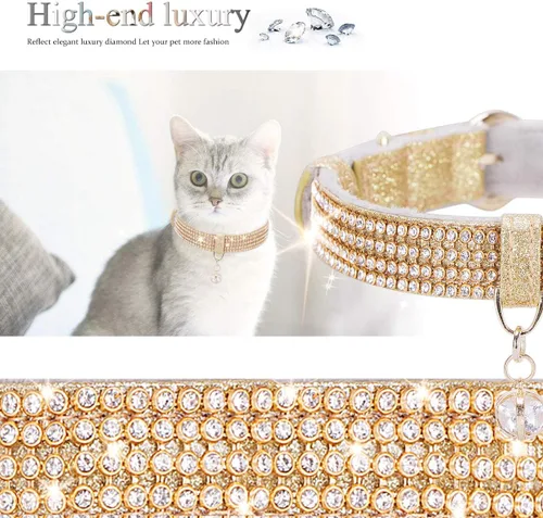 Miniatura 6 de Collar para gatos y perros, [brillos de imitación de diamante] Cuero sintético prémium con dije, collares ajustables para gatos grandes y perros