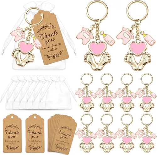 12 juegos de regalos de baby shower para niña, llaveros de huella rosa, regalos con botella, ropa de bebé, bolsas de organza blanca y etiquetas de