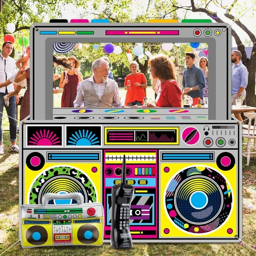 Miniatura 7 de Decoraciones de fiesta de los años 90 y 80 para radio, Boombox, accesorios inflables para cabina de fotos, teléfono móvil inflable para hip hop