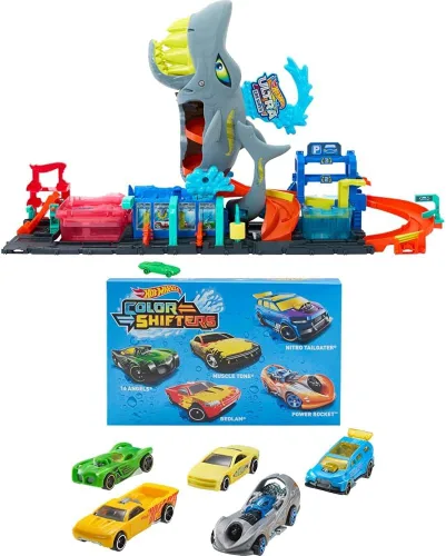 Miniatura 9 de Hot Wheels Juego de pistas de ciudad, lavado de autos Ultra Shark con vehículo de juguete de revelación de color a escala 1:64, función de cambio